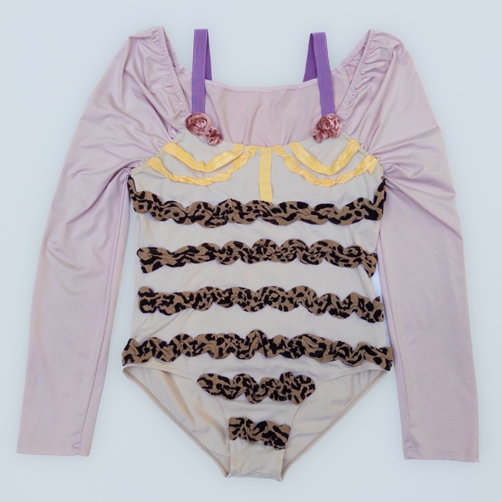 Lavender and Beige Leopard Ruffle One-Piece Swimsuit